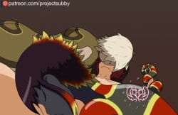 1boy 2girls aggressive aggressive_female assertive assertive_female blowjob colorful_hair coral_snake dark-skinned_female dark_skin dominant dominant_female domination femdom harem implied_blowjob implied_oral implied_sex kissing lamia monster_girl naga original_character original_characters projectsubby rattlesnake reptile restrained reverse_rape snake snake_girl snake_tail spiky_hair submissive_male threesome wrapped_up