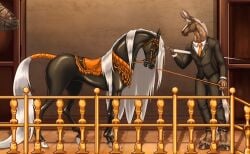 2025 5_fingers alisian ambiguous_gender anklet anthro black_body black_bottomwear black_clothing black_suit black_topwear bottomwear bridle brown_eyes brown_hooves brushfire clothing digital_media_(artwork) dominant dominant_anthro dominant_male draft_mule duo equid equine eye_contact facial_markings feathering female feral fingers fur gag hair head_markings hi_res hooves horn horn_grab hybrid jewelry lazalom_(chestnut_the_dale) leash leash_pull long_ears long_hair long_horn long_mane long_tail looking_at_another male mammal mane markings mule multicolored_body mythological_creature mythological_equine mythology necklace necktie orange_eyes orange_jewelry orange_necklace orange_necktie railing raised_leg raised_tail ring_gag shirt skugga_(skuggamul) submissive submissive_anthro submissive_female suit tail tail_wraps tan_hair tan_mane tan_tail topwear two_tone_body unicorn white_clothing white_hair white_hooves white_horn white_mane white_shirt white_tail white_topwear wraps