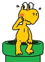 2025 absurd_res aliasing anthro biped blush blush_lines bodily_fluids digital_media_(artwork) embarrassed eyelashes fan_character featureless_chest female flat_chested genitals hand_on_cheek hand_on_leg hand_on_thigh hi_res khloe_koopa koopa koopa_troopa looking_aside mario_(series) nervous nervous_smile nintendo nude pipe pixel_vibri scalie simple_background sitting smile solo spread_legs spreading sweat sweatdrop tail three-quarter_view toony vulva white_background yellow_body
