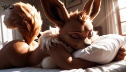 ai_generated animated anthro bed bedroom eevee female hugging_pillow looking_at_viewer looking_pleasured lying lying_on_bed on_front pillow pokemon pokemon_(species) solo tagme video