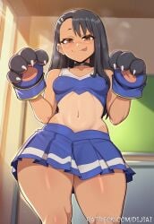 1girls ai_generated black_hair breasts brown_eyes cheerleader cheerleader_uniform choker dijiai female hair hayase_nagatoro long_hair medium_breasts paws please_don't_bully_me,_nagatoro solo solo_female tan_body tan_skin tanned tanned_female tanned_skin teenage_female teenage_girl teenager
