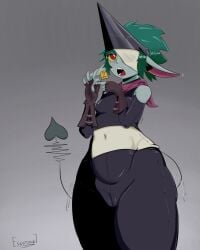 big_ears dvoyka_(imerald_) eskizznik goblin goblin_female green_hair heart_tail imp missing_eye oc one_eye_closed open_mouth pussy_visible_through_clothes red_eyes shortstack small_breasts tag tagme tail