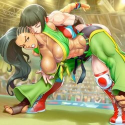 2girls abs ai_generated bent_over breasts breasts_out capcom dark-skinned_female dark_skin defeated domination female female/female female_only green_clothes kissing kissing_neck laura_matsuda on_back submission submission_hold wardrobe_malfunction wrestling yamato_nadeshiko_(street_fighter) yuri