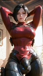 1futa 2026 ada_wong ai_generated balls black_hair breasts brown_eyes bulge bulge_through_clothing cock dark_hair day dyzertai futanari indoors looking_at_viewer medium_breasts penis resident_evil self_upload short_hair solo solo_futa standing suit testicles tight_clothing