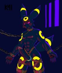 abs belt belt_bondage belt_collar big_penis black_body black_fur black_nose bodily_fluids bound chain_leash chain_necklace chained chains eeveelution erection fur generation_2_pokemon genital_fluids genitals hi_res humanoid_genitalia humanoid_penis jewelry keron leash male muscular necklace nintendo nipples penis pokemon pokemon_(species) precum purple_background pvt._keron red_eyes simple_background solo umbreon vein veiny_penis