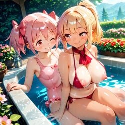 2girls ai_generated blonde_female blonde_hair blush blush_stickers breasts breasts_out brown_eyes curvy fang_out flowers goombella hand_on_thigh hot_tub large_breasts madoka_kaname mario_(series) nintendo one_eye_closed one_piece_swimsuit open_mouth outside paper_mario paper_mario:_the_thousand-year_door pink_bow pink_eyes pink_hair pink_hair_female pink_swimsuit puella_magi_madoka_magica red_ascot red_bikini seductive slim_waist small_breasts smug surprised tanline thick_ass thick_thighs two_piece_swimsuit water white_skin yuri