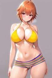 1girl ahoge ai-created ai_generated ane_to_osananajimi_wa_naka_ga_ii! ass_visible_through_thighs bare_shoulders bikini bikini_shorts bikini_top blush boyshorts breasts cameltoe cleavage closed_mouth collarbone contrapposto cowboy_shot crossed_bangs female grey_background hair_between_eyes large_breasts looking_at_viewer micro_shorts multicolored_clothes navel orange_hair pixiv rainbow_print red_eyes rena_aikawa_(pixiv_user) short_hair shorts simple_background smile solo stable_diffusion standing stomach striped_clothes striped_shorts swimsuit takahashi_mitsuki thighs yellow_bikini