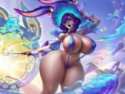 1girls ai ai_edit ai_generated aurora_(league_of_legends) big_thighs curvy_figure dizelxl edit edited edited_official_artwork female female_focus female_only large_breasts league_of_legends league_of_legends:_wild_rift purple_hair riot_games summer_party_aurora thick thick_thighs thighs voluptuous voluptuous_female wide_hips wide_thighs
