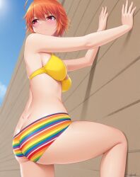 1girl against_wall ahoge ai-created ai_generated ane_to_osananajimi_wa_naka_ga_ii! ass back bare_shoulders bikini bikini_shorts bikini_top blue_sky blush boyshorts breasts butt_crack closed_mouth day dimples_of_venus female hair_between_eyes leg_up medium_breasts multicolored_bikini multicolored_clothes orange_hair outdoors pixiv rainbow_print red_eyes rena_aikawa_(pixiv_user) short_hair sideboob skindentation sky smile solo stable_diffusion standing standing_on_one_leg striped_bikini striped_clothes swimsuit takahashi_mitsuki thighs yellow_bikin