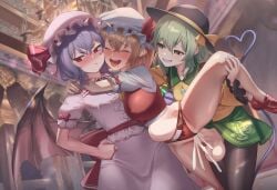 1futa 2girls ai_generated altered_common_sense balls big_balls big_breasts big_penis breasts change_in_common_sense closed_eyes clothed_sex clothing_aside common_sense_change covered_nipples cum cum_in_pussy cum_inside cum_overflow drooling female female_penetrated flandre_scarlet full-face_blush futa/female futa_penetrating futanari grin hug koishi_komeiji large_breasts large_penis large_testicles leg_grab leg_up looking_to_the_side nokani one_leg_up panties penis pout rape red_panties remilia_scarlet saliva self_upload small_breasts standing_sex stomach_bulge tearing_up testicles tongue_out touhou unaware unaware_sex vaginal_penetration vaginal_sex vampire