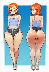 1girls ai_generated arms_behind_back ass ass_focus back_view bare_arms bare_legs bare_shoulders ben_10 big_ass blush cameltoe cartoon_network ear_piercing female female_focus front_and_back front_view green_eyes gwen_tennyson gwen_tennyson_(classic) hair_ornament hairclip half-closed_eyes highres legs looking_back_at_viewer lop navel piercing red_hair round_ass short_hair short_shorts shorts simple_background small_breasts tank_top teenage teenage_girl thick_thighs thighs tight_clothes wide_hips younger_female