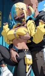 1female 1male ai_generated bald_male blonde_female blonde_hair blonde_hair_female blush blushing brown_skinned_female canari_(pokemon) canary_(pokemon) crop_top exposed_belly exposed_stomach facemask groping groping_breast groping_from_behind gyaru mouth_mask painted_fingernails pokemon pokemon_legends:_z-a rubbing_pussy rubbing_pussy_through_clothing sexual_harassment sole_female tanned_female twintails two-tone_hair