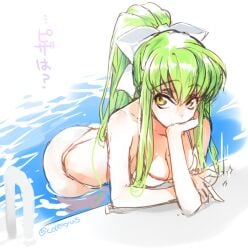 ass bangs bikini c.c. code_geass creayus green_hair hair_up hand_rest impatient japanese_text leaning_on_elbow pool ribbon signature small_ass tapping tapping_fingers thong_bikini water white_bikini yellow_eyes