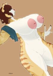 abs absurd_res anthro areola big_breasts breasts brown_hair digital_media_(artwork) eyebrows felid female feralis fur genitals green_eyes hair hi_res hybrid inverted_nipples lauren_vanpelt liger mammal mate muscular muscular_female nipples nude pantherine puffy_areola simple_background solo striped_body stripes thick_thighs vulva water wet wet_body yellow_body yellow_fur