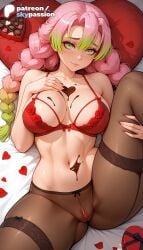 1girls 2026 ai_assisted ai_generated anime artist_name blush box bra braid breasts bust chocolate demon_slayer explicit falling_petals gift gift_box gradient_hair green_hair heart-shaped_chocolate hi_res high_quality high_resolution highres in_box kanroji_mitsuri kimetsu_no_yaiba laying_down long_hair looking_at_viewer lying lying_on_back mitsuri_kanroji mole mole_under_eye multicolored_hair navel on_back patreon patreon_username petals pillow pink_hair rose_petals skypassion stable_diffusion underwear valentine valentine's_day watermark