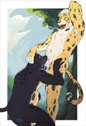 anthro armpit_hair ass balls black_body black_fur bodily_fluids body_hair border cheetah claws cum cum_in_mouth cum_inside duo ejaculation fangs felid feline fellatio finger_claws fur genital_fluids genitals hands-free hi_res leopard male male/male male_penetrated male_penetrating male_penetrating_male mammal markings melanistic nipples nude nude_anthro nude_male oral orgasm orgasm_face outside pantherine penetration penile penis sex spontaneous_ejaculation spots spotted_body spotted_fur surprised sweat sweatdrop taru_psd teeth white_body white_border white_fur yellow_body yellow_fur