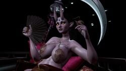 1girls 3d absurdres areolae_slip big_breasts black_hair female fukui_shigeshi hand_fan horns jewelry oni original_character second_life tattoo yellow_eyes