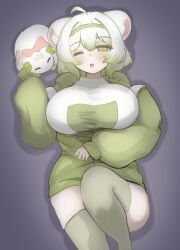 1girls absurdres ahoge animal_ears breasts curvy female ferret ferret_ears ferret_girl ferret_tail gradient_hair green_eyes green_hair hairband highres hood hoodie huge_breasts indie_virtual_youtuber laimu large_breasts legs massive_breasts multicolored_hair one_eye_closed open_clothes open_hoodie open_mouth sae_art shirt thick thighhighs thighs virtual_youtuber voluptuous vtuber white_hair white_shirt