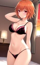 1girl ahoge ai-created ai_generated ane_to_osananajimi_wa_naka_ga_ii! arm_behind_back arm_behind_head arm_up bare_arms bare_shoulders bed bedroom black_bra black_panties blush bow bow_bra bow_panties bra breasts cameltoe cleavage closed_mouth collarbone cowboy_shot curtains female groin hair_between_eyes indoors lamp large_breasts lingerie looking_at_viewer medium_breasts navel on_bed orange_hair panties pink_lace pink_trim pixiv red_eyes rena_aikawa_(pixiv_user) short_hair skindentation smile solo stable_diffusion standing stomach string_bra string_panties sunset takahashi_mitsuki thighs underwear underwear_only window
