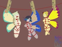 2025 angry arms_tied blue_eyes bondage bound breasts clothes_pin digital_drawing_(artwork) digital_media_(artwork) eos_(ffxiv) fairy fastener female final_fantasy final_fantasy_xiv final_fantasy_xiv:_a_realm_reborn frogtied genitals group hair hands_behind_back hi_res humanoid humanoid_pointy_ears insect_wings legs_tied long_hair looking_pleasured multicolored_hair nipples nude open_mouth pin_(fastener) pointy_ears pricklypastor_(artist) restraints rope rope_bondage rope_harness selene_(ffxiv) short_hair signature simple_background smile square_enix statice_(ffxiv) submissive submissive_female suspension suspension_bondage teeth trio vulva winged_humanoid wings