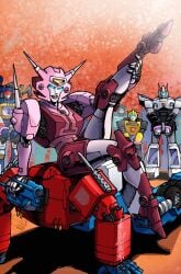 4boys blush boyfriend-girlfriend bumblebee_(transformers) crowd_watching elita-one female hand_on_head laserbeak legs_up optimus_prime prowl_(transformers) sexy_pose sitting_on_person soundwave transformers_g1