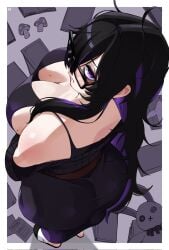 1girls backview big_ass big_butt big_thighs black_clothing black_hair breasts_bigger_than_head busty clarkekitsp clothed curves cute_face female female_focus female_only fully_clothed glasses goddess_of_victory:_nikke head_turned label_(nikke) light-skinned_female light_skin looking_at_viewer pale_skin purple_eyes shy shy_expression sideboob solo solo_female solo_focus thick thick_ass thick_thighs tight_clothing