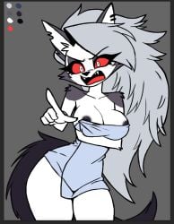 anthro areola ass big_breasts black_areola black_nipples breasts canid canid_demon canine clothing demon digital_media_(artwork) female fur gesture hair hand_gesture hellaverse hellhound helluva_boss littlehitsuji looking_at_viewer loona_(helluva_boss) mammal mythological_canine mythological_creature mythology nipples nude pointing pointing_at_viewer red_sclera simple_background solo tail towel white_body white_fur