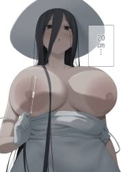 1girls :o absurd_res areola_measuring areolae aumann black_eyes black_hair breasts breasts_out clothes_pull curious dress dress_pull ghost gloves hair_between_eyes hasshaku-sama hat highres holding holding_object huge_breasts japanese_mythology large_areolae large_breasts long_hair looking_at_viewer looking_down mature mature_female measurements measuring nipples pale_skin ruler simple_background solo sun_hat upper_body very_long_hair white_background white_dress white_gloves white_hat