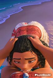 1boy 1boy1girl 1girls 2girls ai_generated artist_name ass beach bikini black_hair blowjob breasts brown_eyes cum cum_in_mouth cum_overflow dark-skinned_female dark_skin deepthroat disney disney_princess fellatio female forehead futanari hands_on_another's_head hi_res interracial irrumatio looking_at_viewer lustboxai moana moana_2 moana_waialiki multiple_girls oral outdoors patreon_logo patreon_username penis pov pov_crotch pov_hands red_bikini sand sarong solo_focus straight sweat swimsuit uncensored very_dark_skin water