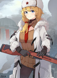 blonde_hair blue_eyes boca girls'_frontline gloves huge_breasts jacket mosin-nagant mosin-nagant_(girls'_frontline) necktie pantyhose seductive_smile smiling_at_viewer sweater_dress ushanka wide_hips