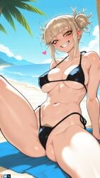 ai_generated bare_shoulders beach bikini black_bikini blonde_hair blue_sky blunt_bangs blush boku_no_hero_academia breasts cameltoe cloud covered_nipples day double_bun female female_pubic_hair grin hair_bun heart highleg_bikini himiko_toga large_breasts looking_at_viewer messy_hair my_hero_academia navel ocean outdoors palm_tree patreon_username pubic_hair pubic_hair_peek sand short_hair side-tie_bikini_bottom sidelocks sitting sky slit_pupils smile solo spread_legs stomach string_bikini swimsuit teeth toga_himiko towel tree wienergens yellow_eyes