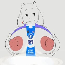 animated anthro areola big_breasts big_nipples bodily_fluids boss_monster_(undertale) bovid breast_play breast_squish breasts caprine clothing container deltarune drugs female goat goat_milk horn huge_breasts kinkykong lactating mammal marijuana milk milk_container nipples smoking smoking_marijuana squish topwear toriel undertale undertale_(series)