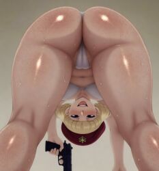 desert_rose irene_sanders bubble_butt bubble_ass big_ass big_butt big_booty freckles_on_ass freckles_on_face blonde_hair pawg beret posing posing_for_the_viewer ai_generated ai_art pistol holding_weapon holding_object holding_pistol