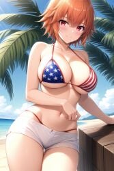 1girl ahoge ai-created ai_generated american_flag_bikini ane_to_osananajimi_wa_naka_ga_ii! bare_arms bare_shoulders beach bikini blue_sky blush breasts cleavage closed_mouth cloud collarbone cowboy_shot day female flag_print large_breasts looking_at_viewer micro_shorts navel no_shirt ocean open_fly orange_hair outdoors palm_tree pixiv red_eyes rena_aikawa_(pixiv_user) short_hair short_shorts shorts skindentation sky smile solo stable_diffusion standing stomach string_bikini swimsuit takahashi_mitsuki thigh_gap thighs tree white_shorts