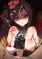 ??!_(user_xkkz3255) angry black_gloves blush breasts brown_hair bukkake chiori_(genshin_impact) commentary_request cum drill_hair drill_ponytail erection genshin_impact gloved_handjob gloves hair_ornament hair_stick handjob highres japanese_clothes kimono multicolored_hair open_clothes open_kimono penis penis_in_glove red_eyes