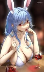 1girls animal_ears big_breasts breast_focus breasts bunny_ears bunny_girl cleavage clothing dress drink female female_only glass hololive huge_breasts mature mature_female mature_woman milf mother narika_(narikakkkk) pekomama red_eyes solo solo_female tongue tongue_out upper_body upper_body_focus white_dress wine_glass