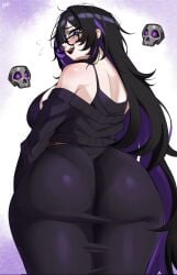 ass_bigger_than_head back_side backview big_ass big_butt big_thighs black_clothing black_hair breasts_bigger_than_head busty clarkekitsp clothed curves cute cute_face female female_focus female_only fully_clothed glasses goddess_of_victory:_nikke head_turned label_(nikke) looking_at_viewer pale_skin purple_eyes sexy sexy_body shirt_on_shoulders shy shy_expression sideboob solo solo_female solo_focus thick thick_ass thick_thighs tight_clothing
