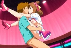 ai_generated blouse bows breasts brown_hair carrying carrying_position green_eyes haruka_(pokemon) idol may_(pokemon) may_(pokemon_oras) neckline neon_lights nightclub nipples open_legs penetration pokemon pokemon_oras sex sexy sexy_body sexy_cleavage sexy_pose sexy_smile skirt things vagina vaginal_penetration
