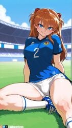 ai_generated asuka_langley_sohryu blue_eyes blue_shirt blush breasts brown_hair female grass hair_between_eyes interface_headset kneehighs large_breasts long_hair looking_at_viewer medium_breasts neon_genesis_evangelion orange_hair outdoors patreon_logo patreon_username shirt shoes short_shorts shorts sitting sky smile soccer_uniform socks solo sportswear stadium thighs web_address white_shorts white_socks wienergens