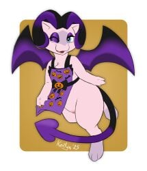 apron apron_lift back_wings blue_eyes clothed clothing clothing_lift female feral flashing flashing_pussy floating generation_1_pokemon genitals halloween hi_res holidays jack-o'-lantern kerilyn legendary_pokemon looking_at_viewer mew_(pokemon) mythical_pokemon nintendo one_eye_closed pokemon pokemon_(species) purple_mascara solo spade_tail spread_wings succubus tail vulva wings wink winking_at_viewer
