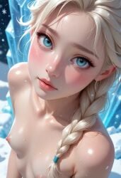 ai_generated bedroom_eyes blonde_hair blue_eyes blush braided_ponytail breasts breasts_out cute elsa_(frozen) light-skinned_female light_skin lips naked nipples nude pose sexy snow viewed_from_above winter
