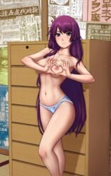 1girls bakemonogatari blush breasts female female_only human lingerie long_hair looking_at_viewer monogatari_(series) navel nipples oppaiserothicc panties purple_hair senjougahara_hitagi smile smiling solo solo_female topless underwear very_long_hair