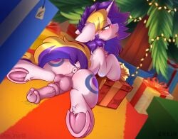 alternate_character alternate_version anus ass blush box christmas christmas_tree collaboration erein erein_(artist) feral floor friendship_is_magic futanari garland genitals happy_new_year holiday horn houses indoors looking_back mlp_g4 my_little_pony new_year nudity oc penis perspective plot pony present sitting solo solo_female tongue_out tree underhoof winter yuris_(artist)