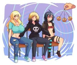 3girls ahoge bangs black_hair blonde_hair blush brainwashing cassie_(keeperika) chair cleavage coin disembodied_hand erikaa eyebrows_visible_through_hair female_only femsub fingering happy_trance hypnosis jeans konaloid large_breasts long_hair midriff mind_control multiple_girls multiple_subs navel original original_character pendulum ringed_eyes short_hair shorts sitting small_breasts smile