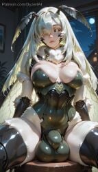 1futa 2026 ai_generated antennae_(anatomy) balls black_sclera breasts bulge bulge_through_clothing carapace cock dyzertai futanari green_eyes green_hair indoors insect_girl insect_wings juniper_actias long_hair looking_at_viewer medium_breasts moth_girl night pale_skin penis self_upload solo testicles white_hair