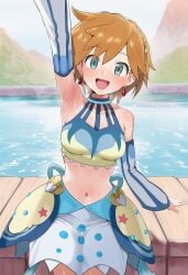 :d ai_generated alternative_costume aqua_eyes arm_support armpits bare_shoulders blush bodily_fluids breasts brown_hair clavicle clothing detached_sleeves earrings eyelashes female green_eyes jewelry kasumi_(pokemon) looking_at_viewer medium_breasts midriff misty_(sygna_suit)_(pokemon) navel official_alternative_costume one_arm_up open-mouth_smile open_mouth orange_hair pokemon pokemon_character presenting_armpit short_hair sitting skirt smile sweat tongue water wet white_skirt