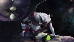 anthro bed bodily_fluids cosmos cum cum_inside duo from_front_position furniture genital_fluids hi_res lying machine male male/male mating_press nnn0nnn0764 on_back protogen sex size_difference space spaceship_interior