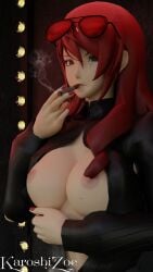 1girls 2026 3d 3d_(artwork) atlus big_breasts blender blender_(software) breasts cigarette clothed clothed_female clothing female female_only flashing flashing_breasts karoshizoe long_hair looking_at_viewer mitsuru_kirijo nipples persona persona_3 red_eyes red_hair smoke smoking smoking_cigarette solo solo_female sunglasses