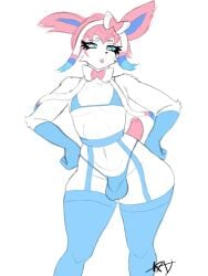2025 accessory anthro anthrofied armwear balls_outline biped blue_bra blue_clothing blue_sclera blue_thong blue_underwear bow_(feature) bow_ribbon bra bulge clothed clothing crossdressing detailed_bulge digital_drawing_(artwork) digital_media_(artwork) eeveelution elbow_gloves eyelashes femboy front_view fur garter_belt garter_straps generation_6_pokemon genital_outline gloves hair hair_accessory hair_ribbon hairbow hands_on_hips handwear hi_res katriot legwear lingerie lips looking_at_viewer looking_down looking_down_at_viewer male midriff navel nintendo open_mouth penis_outline pink_hair pokemon pokemon_(species) pokemorph portrait ribbons short_hair solo standing sylveon tail thick_thighs thigh_highs thong three-quarter_portrait underwear white_body white_eyes white_fur wide_hips