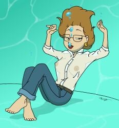 arms_up barefoot breasts brown_hair bubbles earring female floating_hair glasses jbwarner86 jeans legs_crossed marion milf modeling mother nineteen-ninety-something nipples pool see-through_clothing see-through_shirt solo_female underwater water
